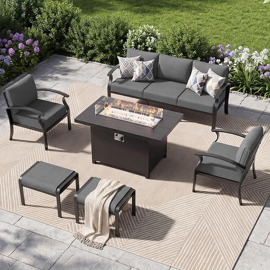Aluminum Patio Furniture Set with Fire Pit Table, 7 Seats Outdoor Patio Conversation Sets with Ottomans, Modern Metal Patio Sectional Sofa with Upgrade Cushions for Patio, Backyard, Deck - Grey