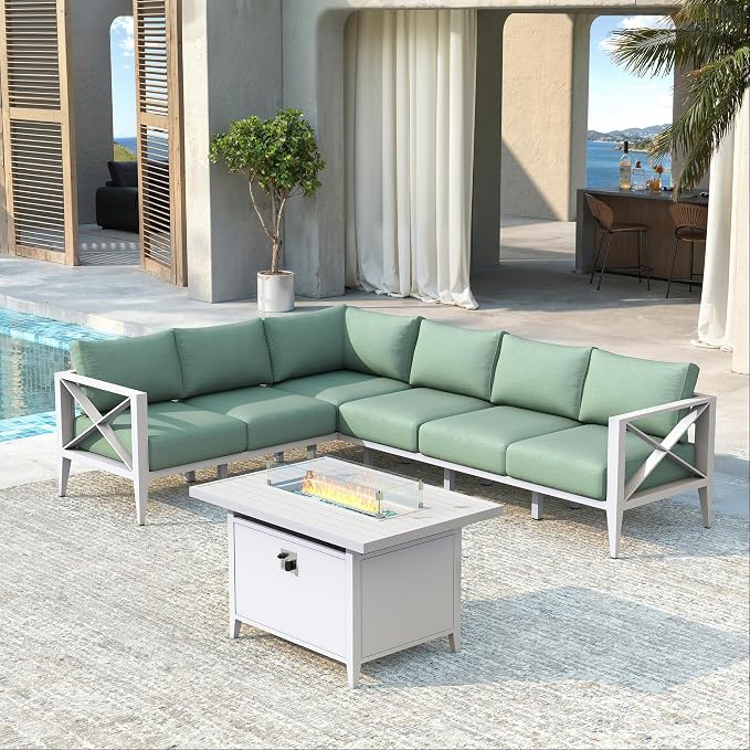 Outdoor Sectional Sofa Set with Fire Pit Table 6 Seat Patio Conversation Set Aluminum Patio Furniture for Backyard Deck Garden