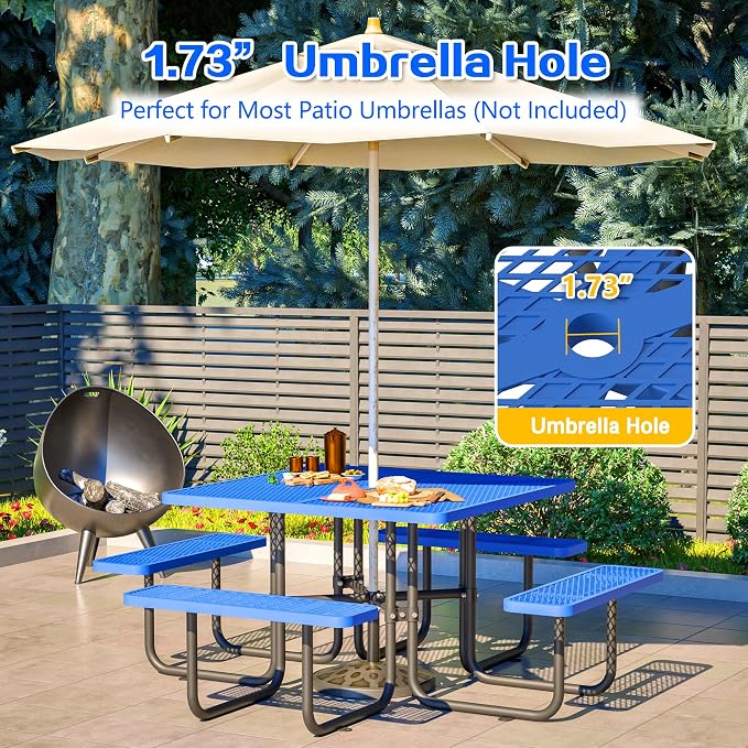 Square Outdoor Metal Coffee Picnic Table for Patio, Backyard, Garden and DIY (Includes 4 Built-in Benches) - Blue