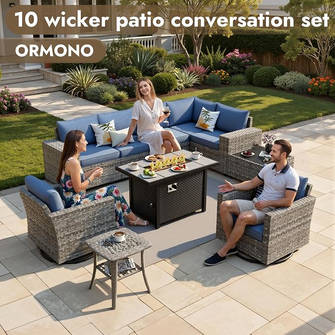 10 Pieces Outdoor Patio Sectional, Wicker Patio Furniture Set with 42 inch Fire Pit Table, All-Weather L Shaped Patio Conversation Set with Swivel Chairs, for Backyard Porch Yard,Blue