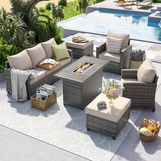 UDPATIO Patio Furniture Set with 44" Fire Pit Table, 6 Pieces Outdoor Sectional Conversation Sets, All-Weather Wicker Rattan Sofa Ottoman with 4" Thick Cushion for Garden Backyard Deck, Khaki