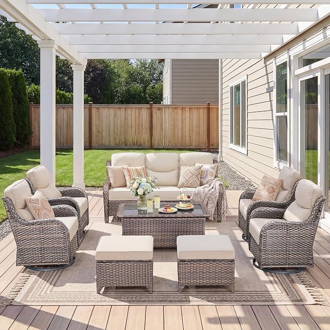 Luxury 8 Pieces Outdoor Patio Furniture Set-All Weather Wicker Swivel Rocker Patio Chairs with 6" Thick Cushion Rattan Sofa Coffee Table, Outdoor Conversation for Garden Porch Backyard(Brown/Beige)