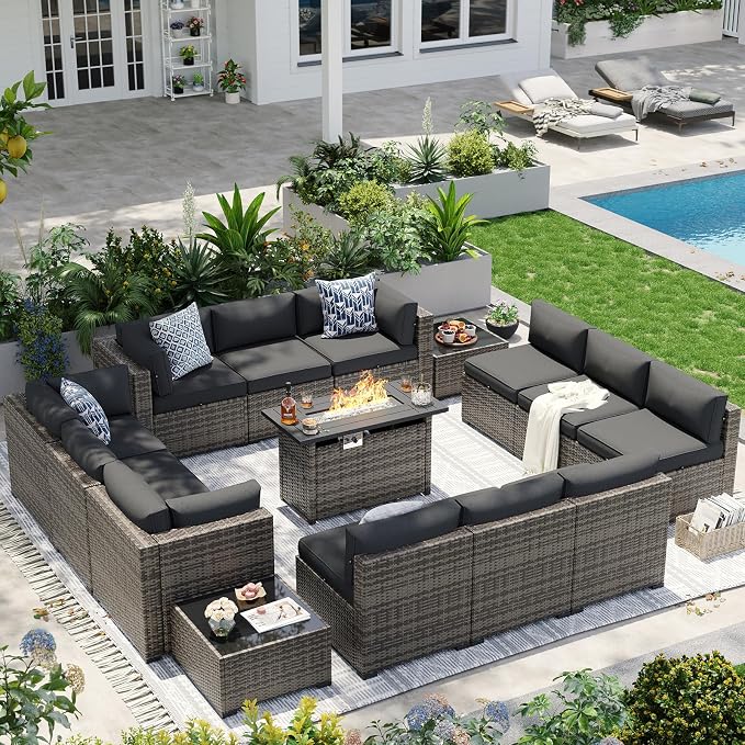 Aoxun Patio Furniture Sets, 15-Piece Outdoor Patio Furniture with 44'' Propane Gas Firepit Table, Wicker Outdoor Conversation Set Sectional Sofa for Backyard, Poolside