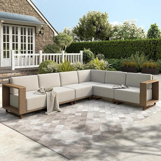 HERA'S HOUSE Patio Furniture Set, Outdoor Sectional Wicker Sofa, 6-Piece Modular L-Shaped Yellow Rattan Conversation Set with 10" Thick Cushion for Lawn Garden Deck Pool