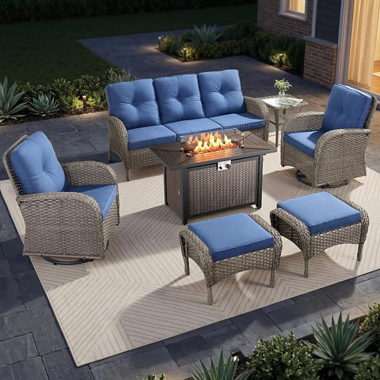 7 Piece Patio Furniture Set with Fire Pit Table - Wicker Patio Conversation Set with Swivel Glider, 3 Seat Sofa, Side Table and 2 Ottomans for Deck Backyard - Grey Wicker Blue Cushion