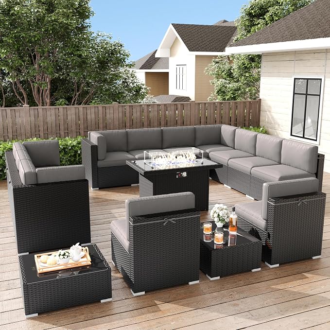 LayinSun 15 Pieces Patio Furniture Set with Fire Pit Table, Black Rattan Modular Sectional Patio Conversation Sofa Set