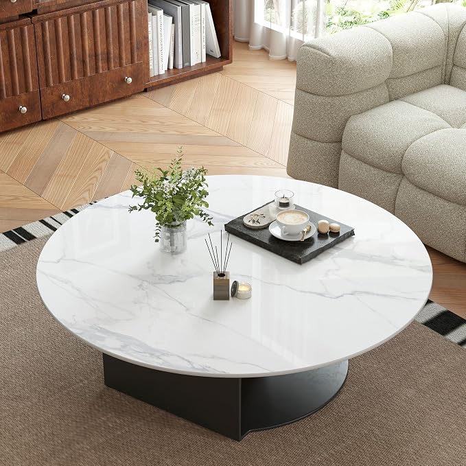 ZL ZELing Round Sintered Stone Table Top 35.4",Replacement Table Top for Indoor & Outdoor - Heat/Scratch Resistant Waterproof Ceramic DIY Desktop,Patio/Balcony/Bistro/Café & Dining Room (White)