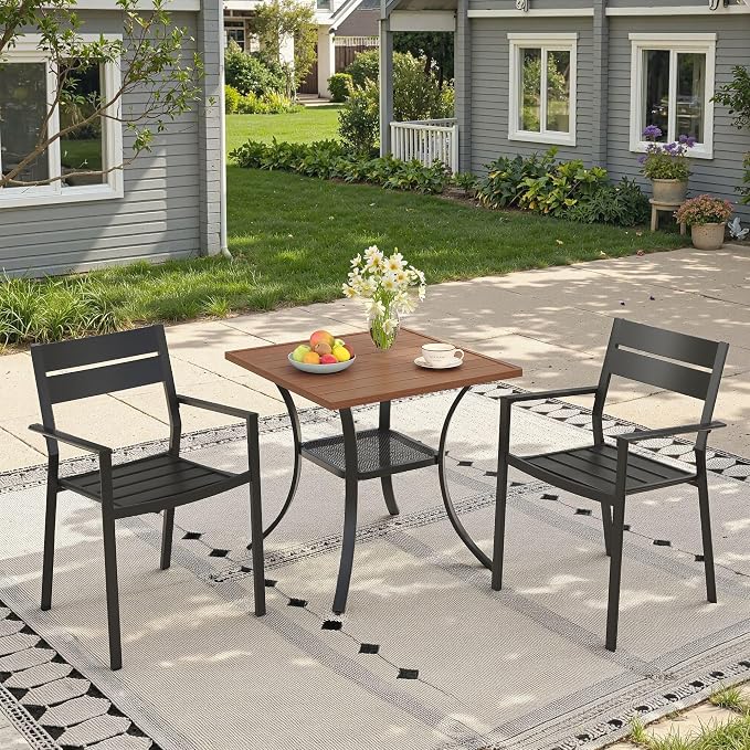 Small Patio Dining Set for 2, 27.5" Square Outdoor Dining Table and Chairs Set with Stackable Patio Chairs Outdoor Furniture for Garden Deck Backyard, Walnut Table and Black Chairs