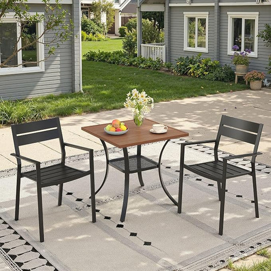 Small Patio Dining Set for 2, 27.5" Square Outdoor Dining Table and Chairs Set with Stackable Patio Chairs Outdoor Furniture for Garden Deck Backyard, Walnut Table and Black Chairs