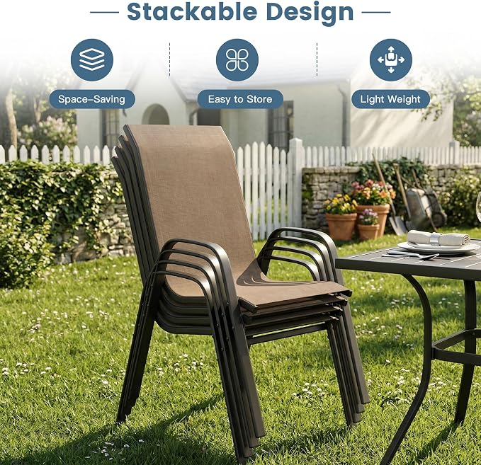 DIFY 7 Piece Outdoor Dining Set, 50" Black Round Metal Patio Table and Brown Textilene Stackable Chairs for 6, All Weather Patio Furniture Set with Umbrella Hole for Backyard Garden Deck