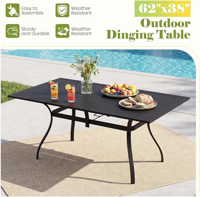 63" Outdoor Patio Dining Table for 6, Rectangular Metal Table with Umbrella Hole, Weather-Resistant Slatted Table, Black