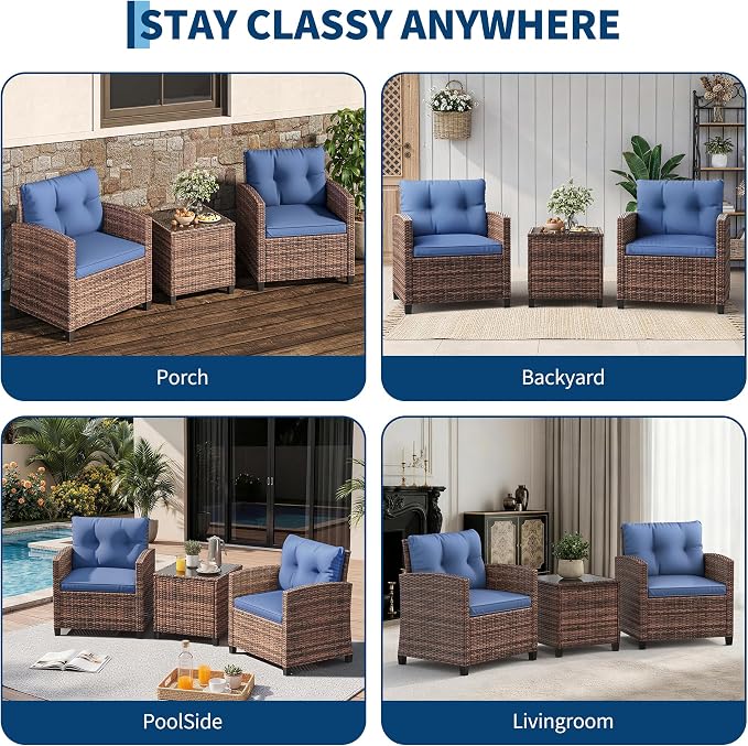 GarveeLife 3 Piece Wicker Patio Furniture Set, Outdoor Rattan Chairs with Side Table, All-Weather Conversation Set for Balcony, Porch or Backyard, Brown Gradient Wicker with Cushions