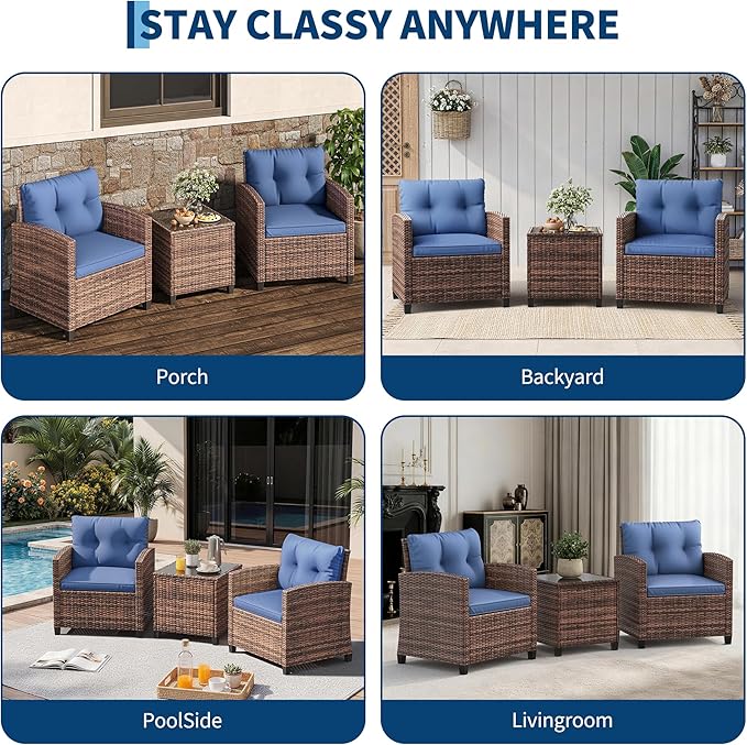 IDEALHOUSE 3 Piece Outside Patio Furniture Set, Outdoor Wicker Chair Conversation Set with Glass Coffee Table, PE Rattan Patio Furniture for Backyard, Porch, Patio, Poolside