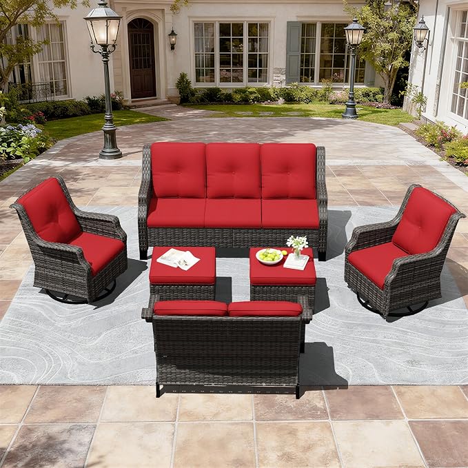 Outdoor Patio Furniture Set, 6 Piece Wicker Patio Furniture with Thick Cushions, Curved Armrest, Deep Seating, Outdoor Swivel Rocker Chairs for Porch, Deck, Balcony