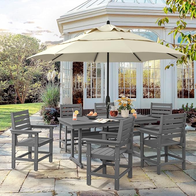 Rectangle Outdoor Dining Tables for 6, HDPS Weather Resistant Patio Dining Table, 66" Outdoor Tables with 1.96" Umbrella Hole for Porch, Balcony, Backyard, Grey