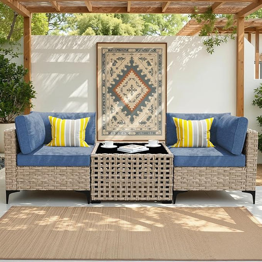3 Pieces Patio Sectional Furniture Set, Outdoor Wicker Sectional Couch with Solar Lights Table, Modern Conversation Set for Porch Balcony Backyard, Denim Blue