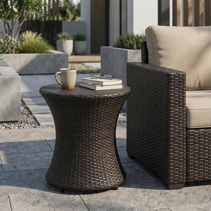 Outdoor PE Rattan Hourglass Side Table 19.75", No Assembly Wicker End Table, All-Weather Accent Table for Patio Balcony Living Room, Brown