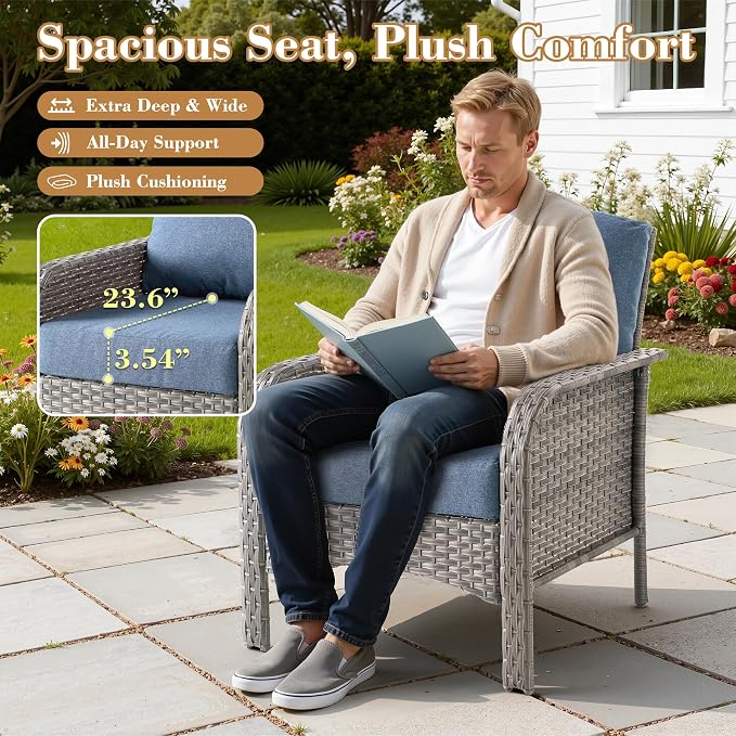 Wicker Patio Chairs Set of 2, Porch Furniture Set Two Single Chair, All-Weather High Back Outdoor Rattan Chairs of 2 for Small Space Porch, Backyard, Balcony, Denim Blue