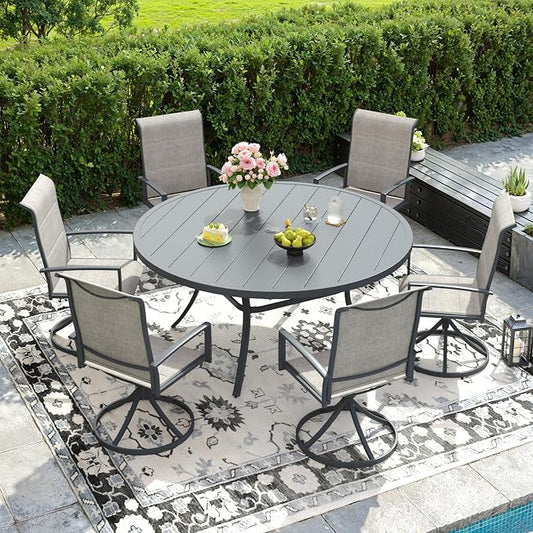 DIFY 7 Piece Outdoor Patio Dining Set for 6, 50" Round Metal Dining Table and Swivel Patio Chairs with Padded Textilene, All-Weather Outdoor Furniture Set for Garden Backyard Porch, Grey