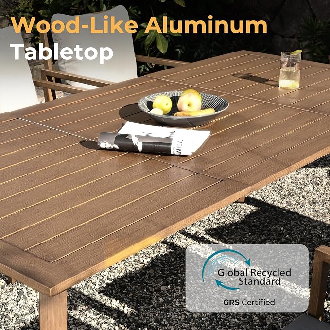 HAPPATIO Outdoor Dining Table for 8, Rectangular Aluminum Patio Table with Umbrella Hole, 8-Person Rustproof Wood-Like Table for Lawn Garden Backyard
