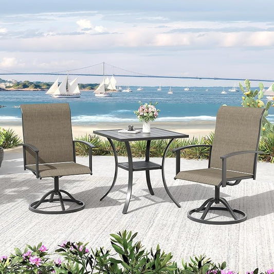 VICLLAX 3 Pieces Patio Outdoor Dining Set, 2 Swivel Textilene Chairs and 27.6" Square Metal Table with Storage for Porch, Deck, Garden, Black/Brown