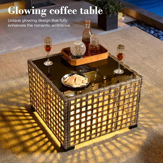 8 Pcs Patio Furniture with Fire Pit Table, Outdoor Rattan Wicker Conversation Set with Glowing Coffee Table, Comfy Sectional Sofa for Porch Balcony Backyard Pool, Light Blue