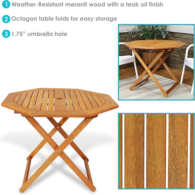 Sunnydaze Meranti Wood Folding Outdoor Table with Umbrella Hole - Foldable Patio Table for Dining & Gatherings - Teak Finish - Octagon