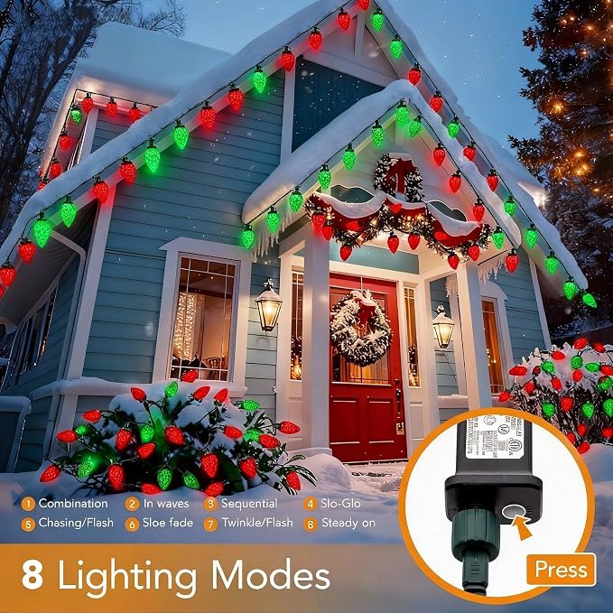 C9 LED Christmas Lights Outdoor,33 Feet 50 LED 8 Lighting Modes Waterproof Connectable Christmas String Lights for Outside Roofline Patio Home Xmas Decorations (Red & Green)