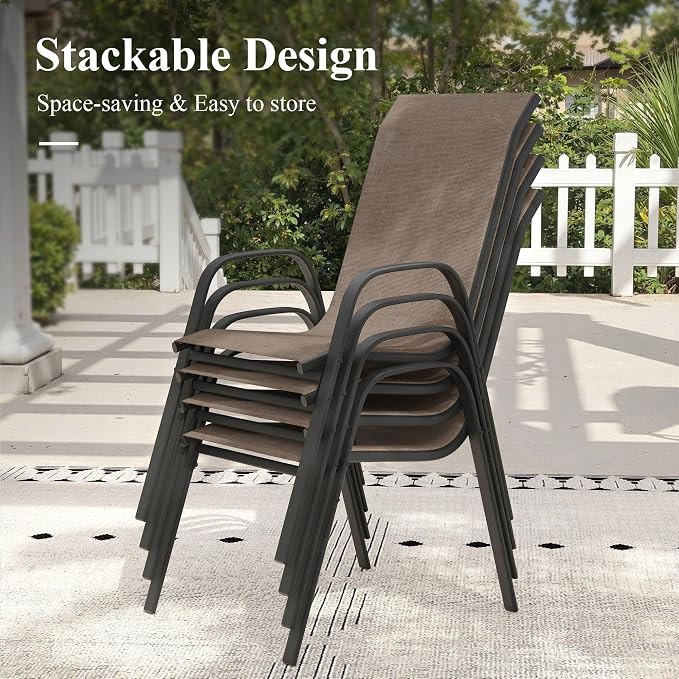 5 Pieces Outdoor Dining Set, 37.8" Square Table with Umbrella Hole & Stackable Patio Dining Chairs, Patio Table and Chairs Set for Deck Garden Porch, Brown Chairs & Black Table
