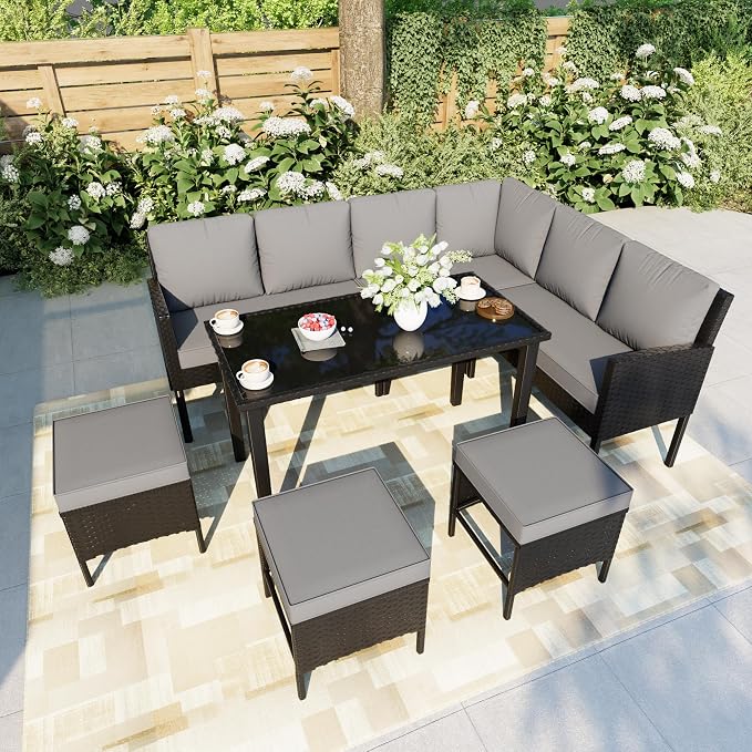 7 Pieces Outdoor Dining Set, Wicker Conversation Patio Furniture with Glass Table, L-Shaped PE Rattan Sectional Sofa Seating with Ottomans for Outside, Backyard, Balcony, Garden, Gray Cushions