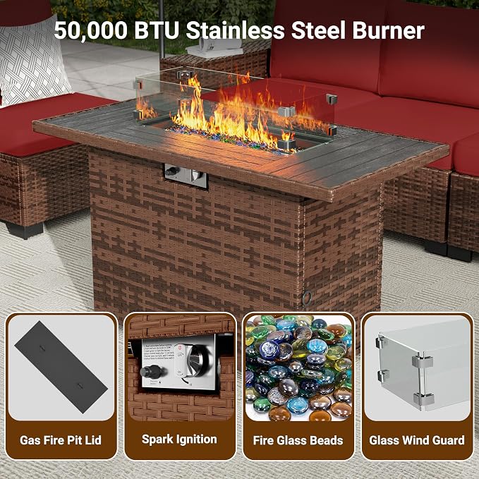 Patio Furniture Set with 44'' Propane Gas Firepit Table, 8 PCS Modular Outdoor Sectional Conversation Sets, All-Weather Wicker Patio Set for Backyard, Wine (Waterproof Covers Included)
