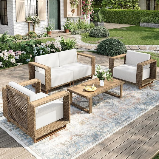 MIXPATIO Patio Furniture Set, 4 Piece Outdoor Wicker Sofa Couch, Deep Seating Yellow Rattan Conversation Sets with 10-inch Thick Cushions, Low Profile Deck Backyard Lawn Furniture