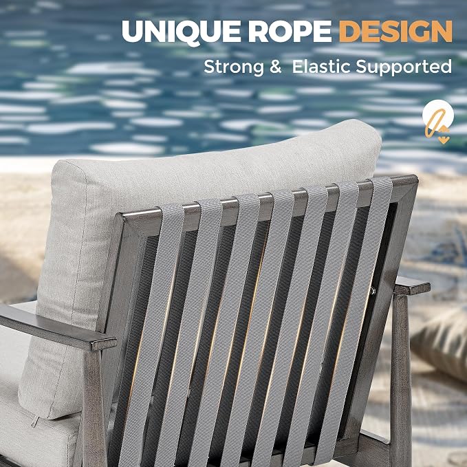 HAPPATIO Patio Outdoor Furniture Set - 4 Piece Aluminum Patio Conversation Set with 1 Coffee Table, 2 Swivel Chairs and 1 Loveseat, Aluminum Outdoor Furniture Set for Backyard Deck Poolside (Grey)