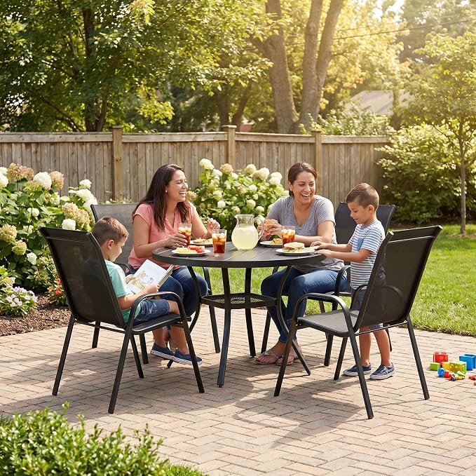 VICLLAX Metal Outdoor Dining Table for 4, All Weather 40.7" Black Round Patio Table with Adjustable Umbrella Hole for Lawn, Garden, Balcony and Poolsides, Black Tabletop