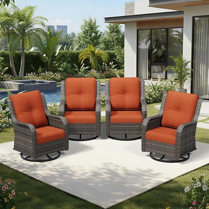 Joyside 4 Piece Outdoor Swivel Rocker Patio Chairs, Wicker Patio Furniture with High Back, Deep Seating, Wide Armrest, Thickened Cushions, Outdoor Rattan Furniture for Deck, Porch Use