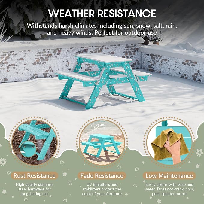 WestinTrends Malibu Outdoor Patio and Indoor Kids HDPE Plastic Picnic Bench Table, Turquoise