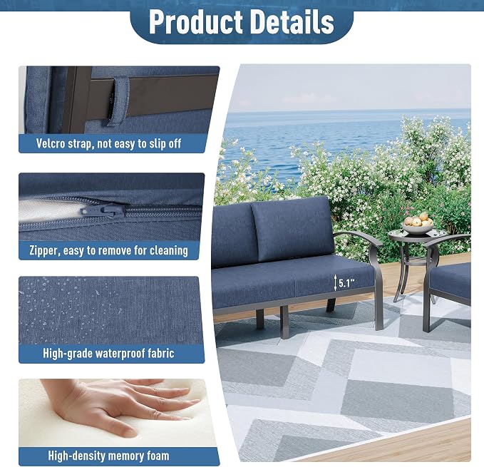 Kurapika Aluminum Patio Furniture Set 10-Seat Modern Metal Outdoor Conversation Sets w/Swivel Rocking Chairs Patio Sectional Sofa w/5.1 Inch Cushion with Rectangular Coffee Table, Navy Blue