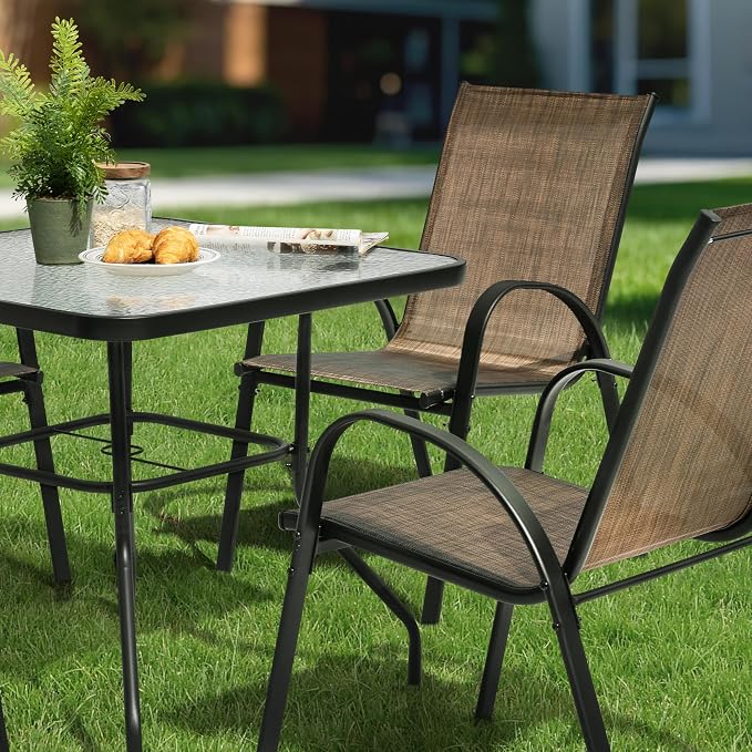 NUU GARDEN 5 Piece Outdoor Patio Dining Set, 32 Inch Square Tempered Glass Table with Umbrella Hole and 4 Textilene Chairs, Patio Furniture for Backyard Garden, Brown and Black