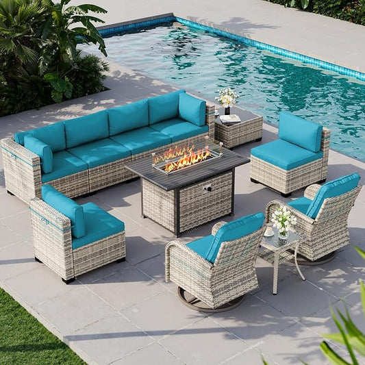11-Piece Outdoor Patio Furniture Set with Rocking Swivel Chair, Wicker Rattan Sectional Sofa Conversation Set with 55,000 BTU Fire Pit Table, Backyard Furniture, Turquoise