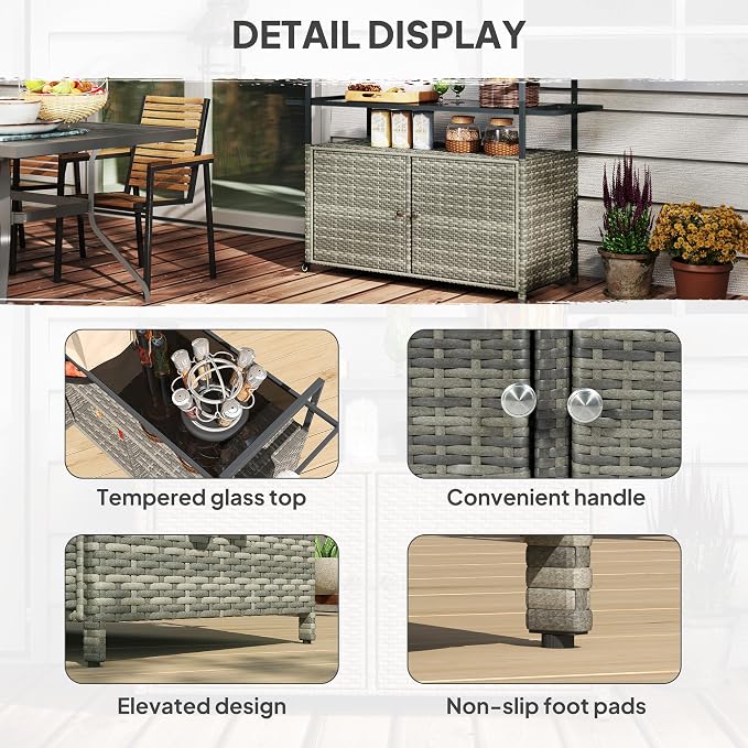 Outsunny PE Rattan Outdoor Storage Cabinet, Wicker Outdoor Bar Table Kitchen Island with Wheels & 2-Tier Shelf, Patio Serving Cart with Glass Top, Handles, Towel Racks for Poolside, Mixed Gray