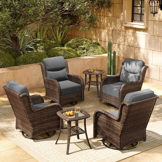 HILLGA 6-Piece Luxury Patio Furniture Set with 6" Thick Cushions, Weather-Resistant Wicker High Back Swivel Rocker Chairs, Senior-Friendly Conversation Set for Small Porch, Deck and Sunroom, Gray(V2)