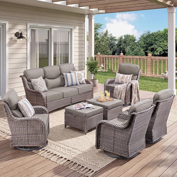 Luxury 7 Pieces Outdoor Patio Furniture Set-All Weather Wicker Outdoor Furniture with Swivel Rocker Patio Chairs 6-inch Extra Thick Cushions Wicker Conversation Set for Garden Porch(Brown/Grey)