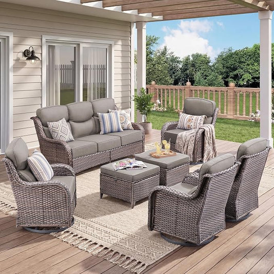 Luxury 7 Pieces Outdoor Patio Furniture Set-All Weather Wicker Outdoor Furniture with Swivel Rocker Patio Chairs 6-inch Extra Thick Cushions Wicker Conversation Set for Garden Porch(Brown/Grey)