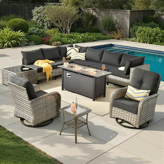 11 Pieces Patio Sectional Furniture Set, Outdoor Wicker Sectional Couch with Firepit Swivel Rocker Chairs Solar Lights Table, Modern Conversation Set for Porch Balcony Backyard, Black