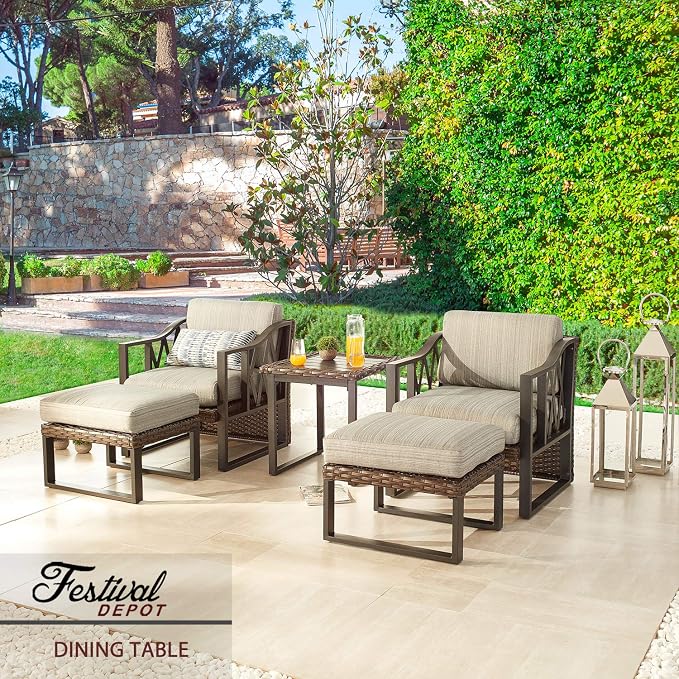 Festival Depot 22” Patio Side Table Metal Bistro Table with Wicker Edge and Slatted Steel Top All Weather Outdoor Furniture for Porch Deck (Square)