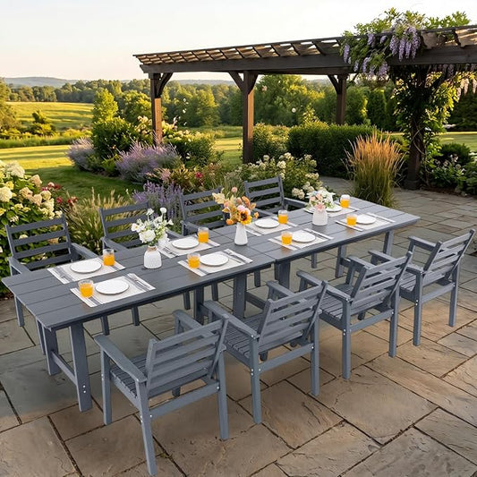 10-Piece Outdoor Dining Set, All-Weather HDPE Patio Furniture, Two 66.5" Slatted Table with 1.6" Umbrella Hole & 8 Ergonomic Armchairs, Heavy Duty 350lbs Capacity, UV Resistant, Gray