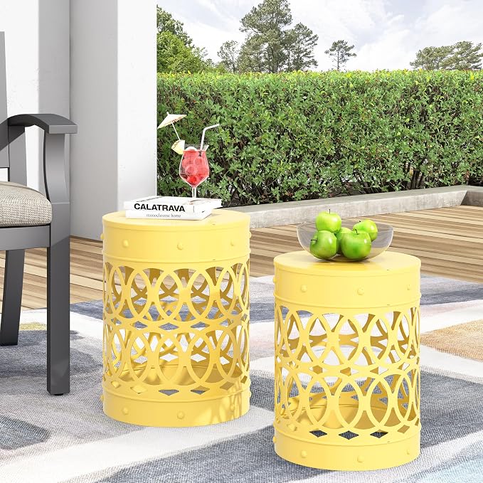 Set of 2 Yellow Metal Outdoor Side Tables, Round Patio End Tables, Weather Resistant Accent Stools, Geometric Cutout Design, Indoor & Outdoor Decorative Tables for Garden, Balcony, Living Room