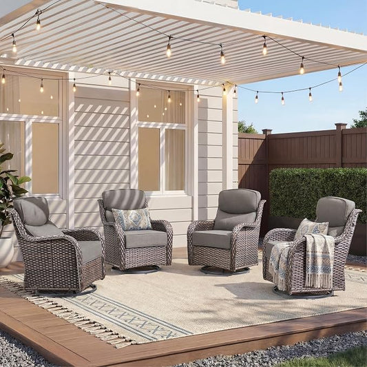 Luxury Outdoor Swivel Rocker Patio Chairs-4 Pieces High Back Swivel Rocker Patio Chairs with Thick Cushions All Weather Wicker Outdoor Furniture Set for Deck Porch Balcony(Brown/Grey)
