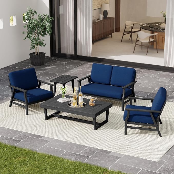 4 Pieces Patio Furniture Sets, Black Wood Outdoor Sectional Furniture with Coffee Table, 4 Seats Patio Sofa Couch Conversation Set for Backyard Deck - Navy
