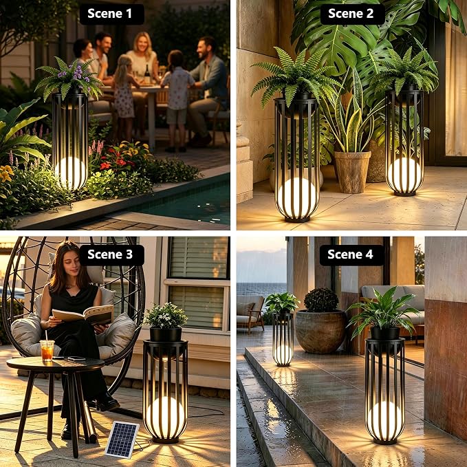 Solar Powered Patio End Table,LED Sphere Light, Remote & Detachable Solar Panel,All Weather Resistant Plant Stand for Backyard Outdoor Decor